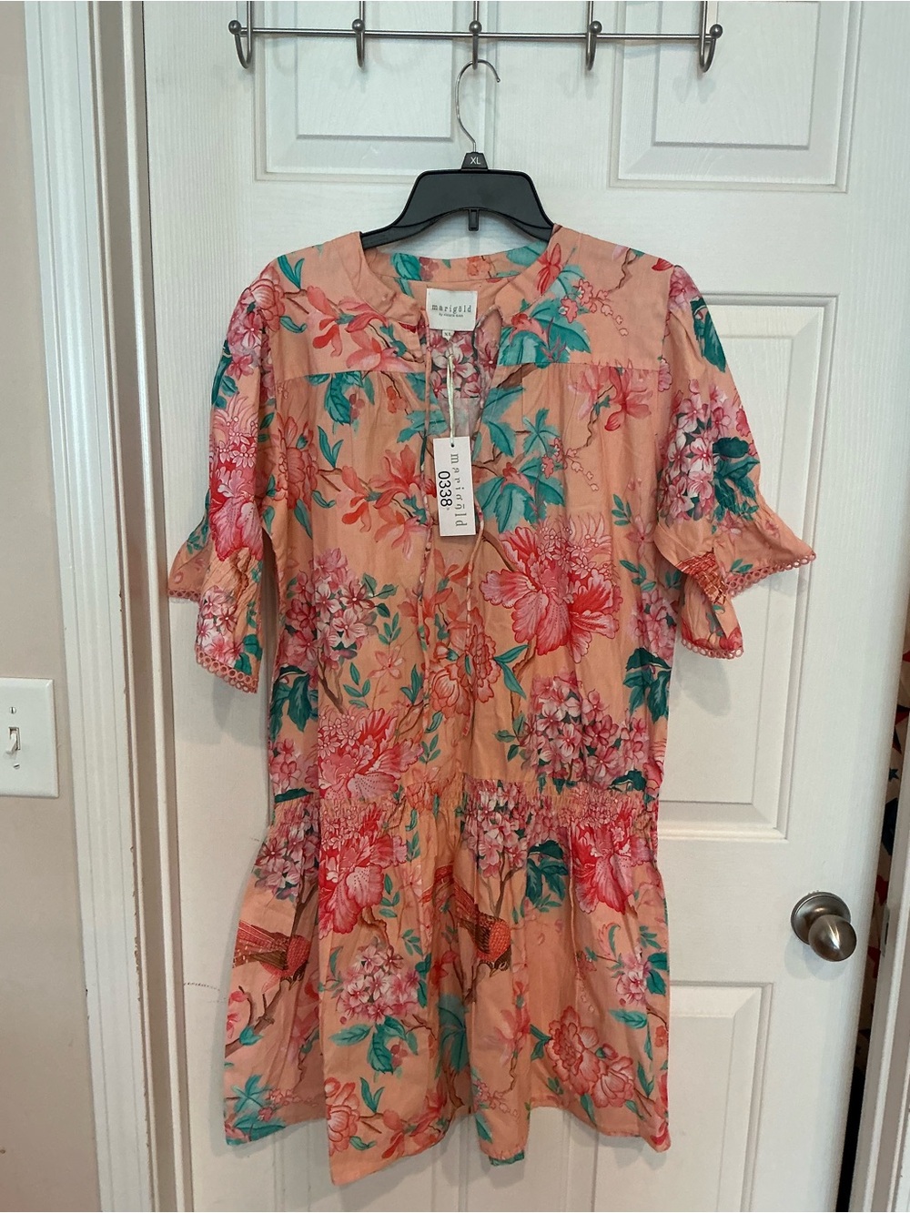 Victoria Dunn Peach Floral Short Sleeve Tiered Mini Dress